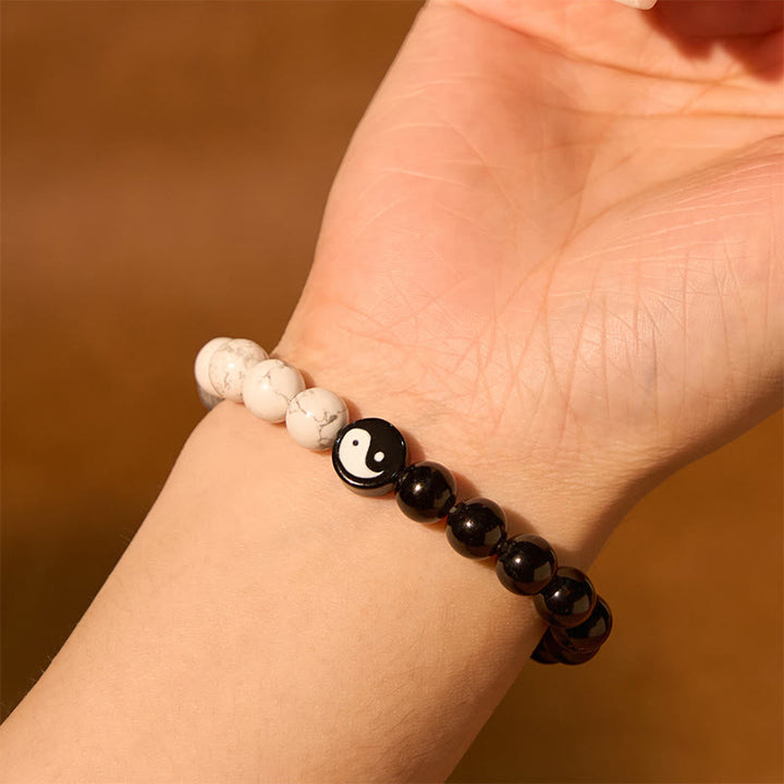 Buddha Stones Natural Obsidian White Turquoise Yinyang Tai Chi Strength Bracelet