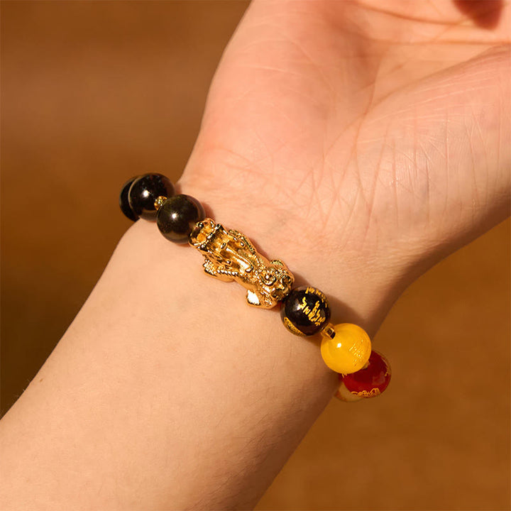 Buddha Stones Natural Gold Sheen Obsidian PiXiu Five Directions Gods of Wealth Protection Bracelet