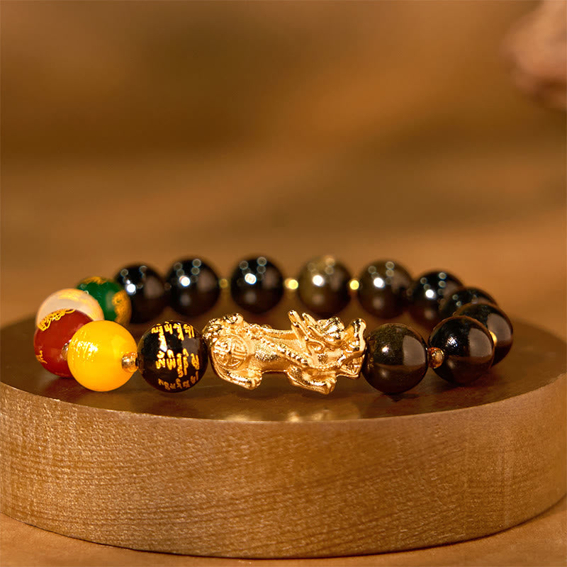 Buddha Stones Natural Gold Sheen Obsidian PiXiu Five Directions Gods of Wealth Protection Bracelet