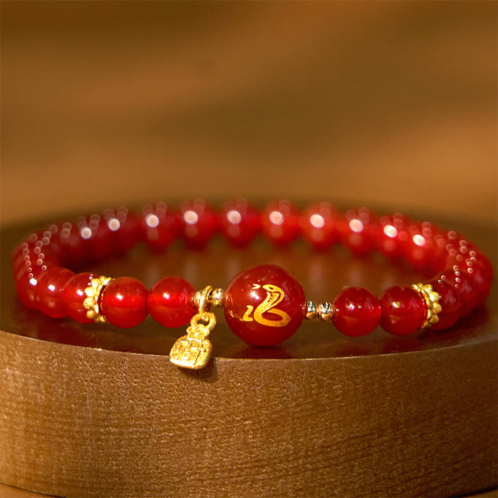 Buddha Stones Red Agate Gold Plated Copper Year Of The Snake Happiness Bracelet