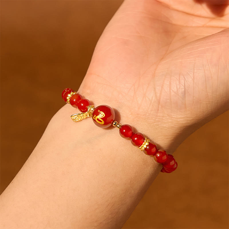 Buddha Stones Red Agate Gold Plated Copper Year Of The Snake Happiness Bracelet