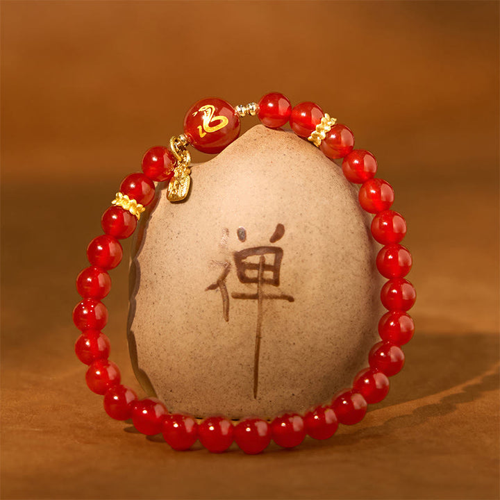 Buddha Stones Red Agate Gold Plated Copper Year Of The Snake Happiness Bracelet