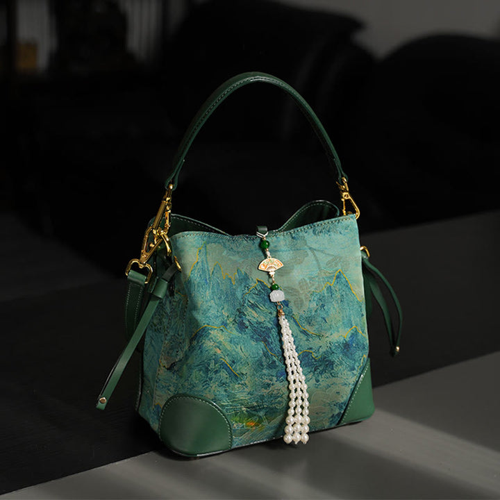 Buddha Stones Handmade River Mountain Bead Pearl Tassel Xiangyunsha Silk Crossbody Bag Hangbags