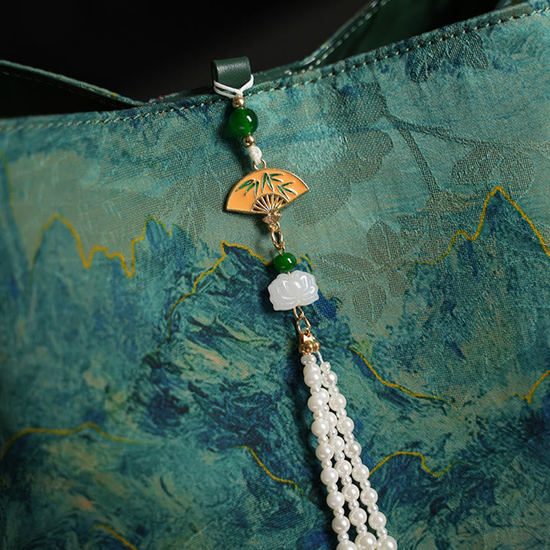 Buddha Stones Handmade River Mountain Bead Pearl Tassel Xiangyunsha Silk Crossbody Bag Hangbags