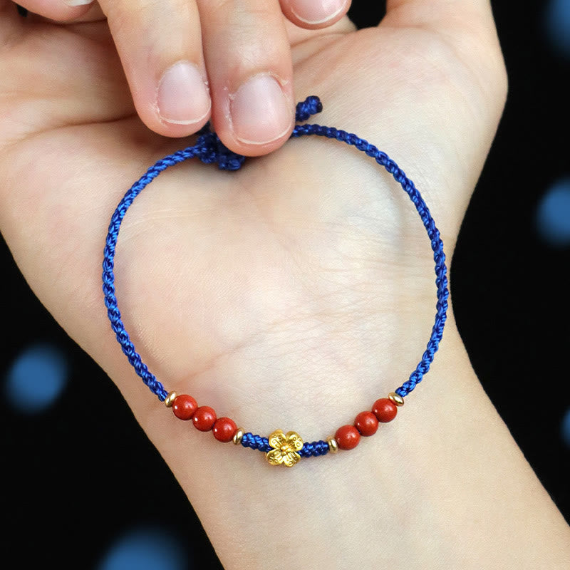 Buddha Stones Klein Blue String South Red Agate Garnet Copper Flower Power Bracelet