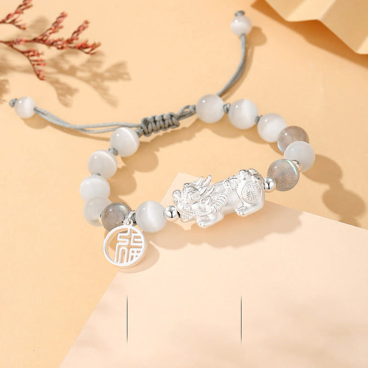 Buddha Stones Pi Xiu Six True Words 999 Sterling Silver Black Obsidian White Turquoise Chrysoberyl Luck Bracelet