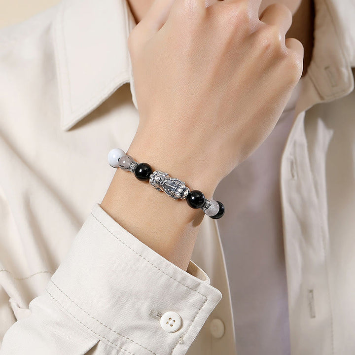 Buddha Stones Pi Xiu Six True Words 999 Sterling Silver Black Obsidian White Turquoise Chrysoberyl Luck Bracelet - image 4
