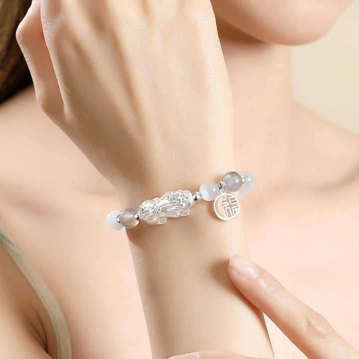 Buddha Stones Pi Xiu Six True Words 999 Sterling Silver Black Obsidian White Turquoise Chrysoberyl Luck Bracelet - image 15