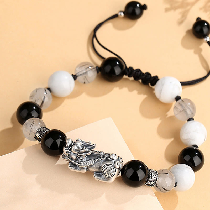 Buddha Stones Pi Xiu Six True Words 999 Sterling Silver Black Obsidian White Turquoise Chrysoberyl Luck Bracelet