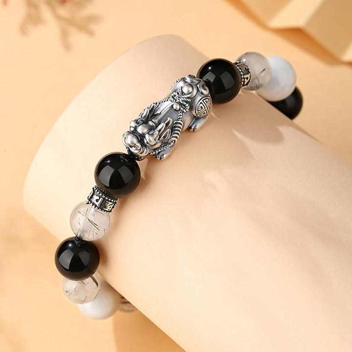 Buddha Stones Pi Xiu Six True Words 999 Sterling Silver Black Obsidian White Turquoise Chrysoberyl Luck Bracelet