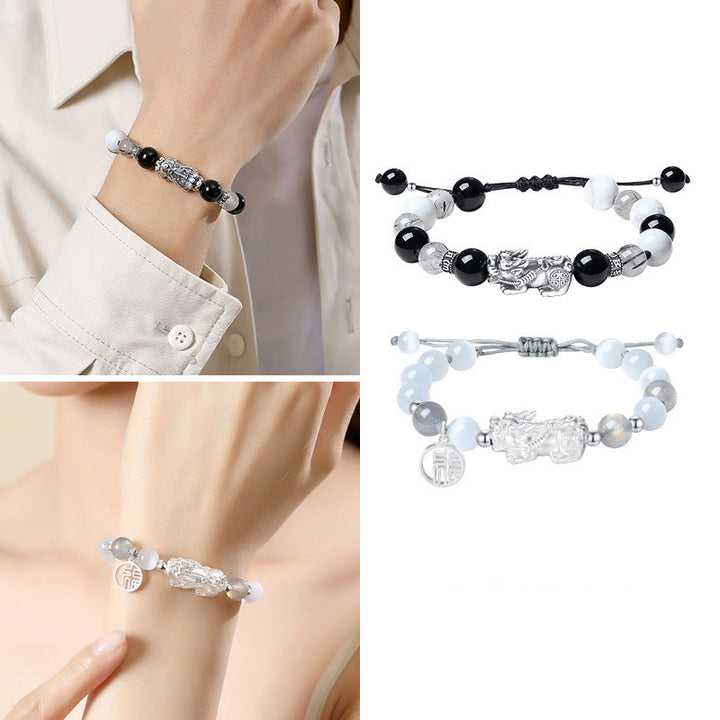 Buddha Stones Pi Xiu Six True Words 999 Sterling Silver Black Obsidian White Turquoise Chrysoberyl Luck Bracelet - image 18