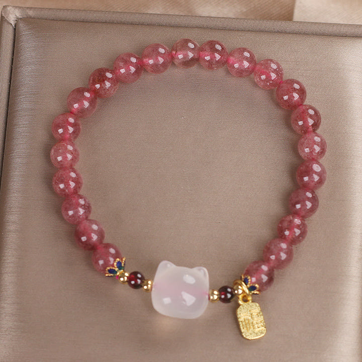 Buddha Stones Strawberry Quartz White Jade Cat Fu Character Healing Bracelet