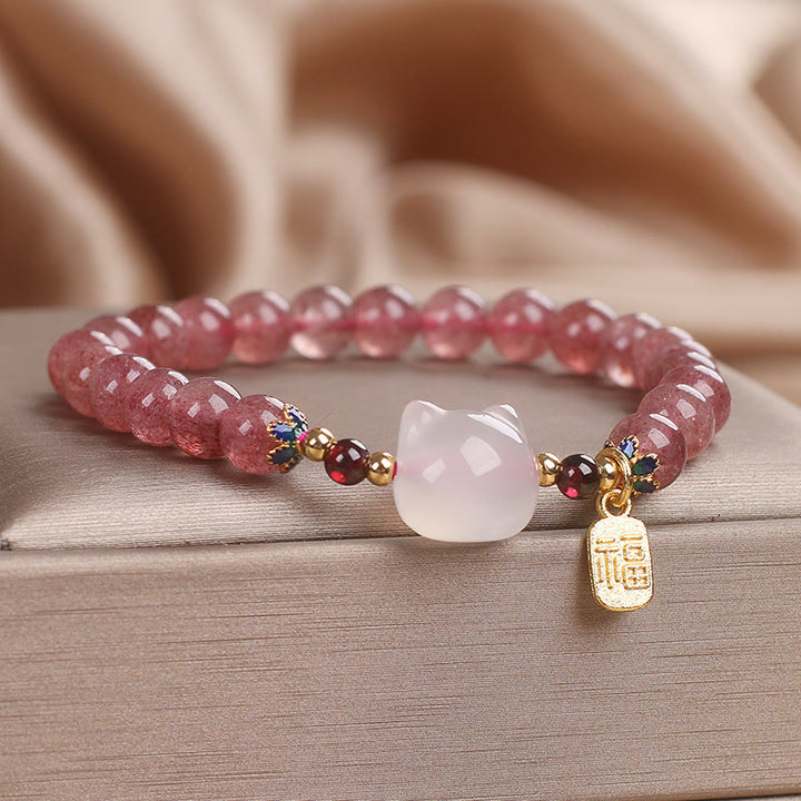 Buddha Stones Strawberry Quartz White Jade Cat Fu Character Healing Bracelet