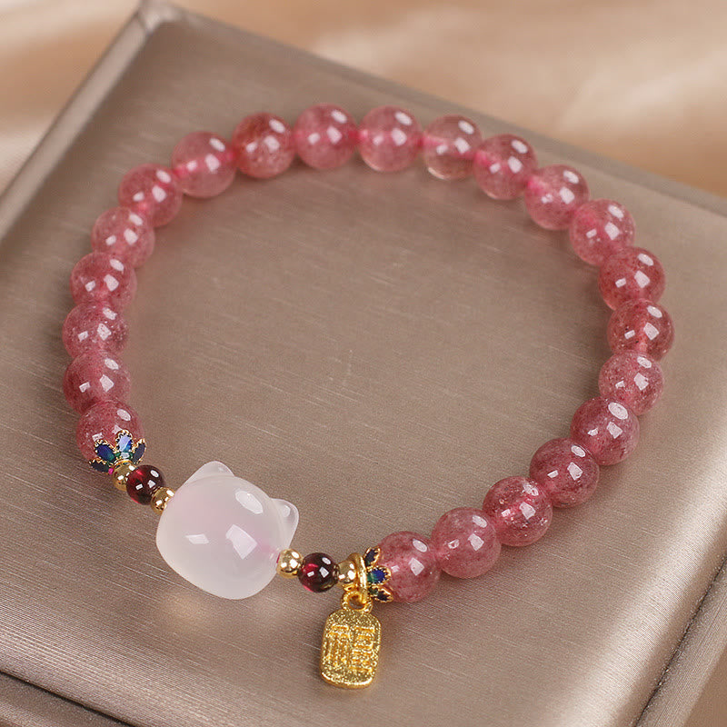 Buddha Stones Strawberry Quartz White Jade Cat Fu Character Healing Bracelet