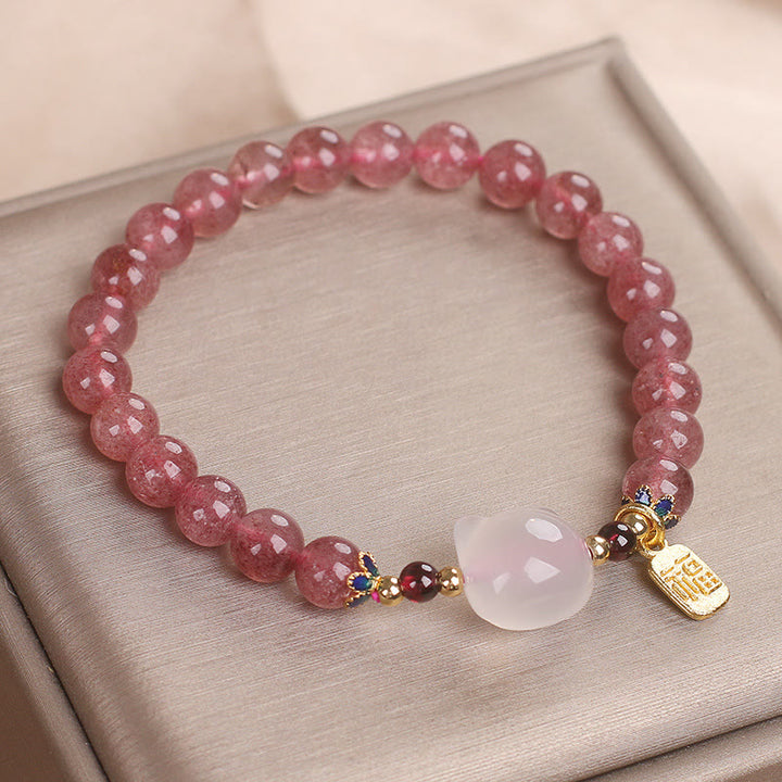 Buddha Stones Strawberry Quartz White Jade Cat Fu Character Healing Bracelet