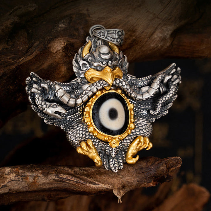 Buddha Stones 925 Sterling Silver Tibet Garuda Bird Dzi Bead Protection Necklace Pendant - image 1