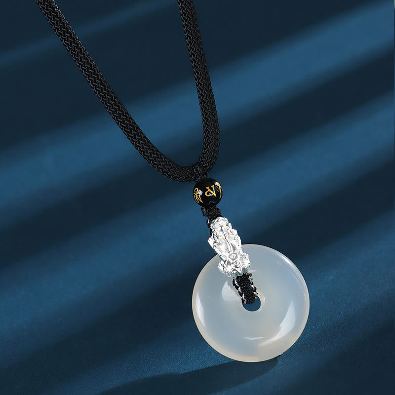 Buddha Stones White Agate 999 Sterling Silver Black Onyx Green Sandalwood Pi Xiu Peace Buckle Six True Words Necklace Pendant - White Agate 999 Sterling Silver Black Onyx - image 2