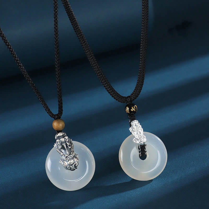 Buddha Stones White Agate 999 Sterling Silver Black Onyx Green Sandalwood Pi Xiu Peace Buckle Six True Words Necklace Pendant - image 1
