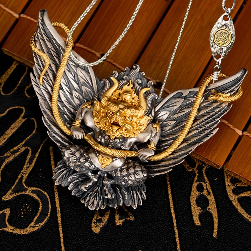Buddha Stones 925 Sterling Silver Tibetan Garuda Bird Dragon Snake Wisdom Necklace Pendant - Garuda&50cm Zakiram Copper Chain - image 17