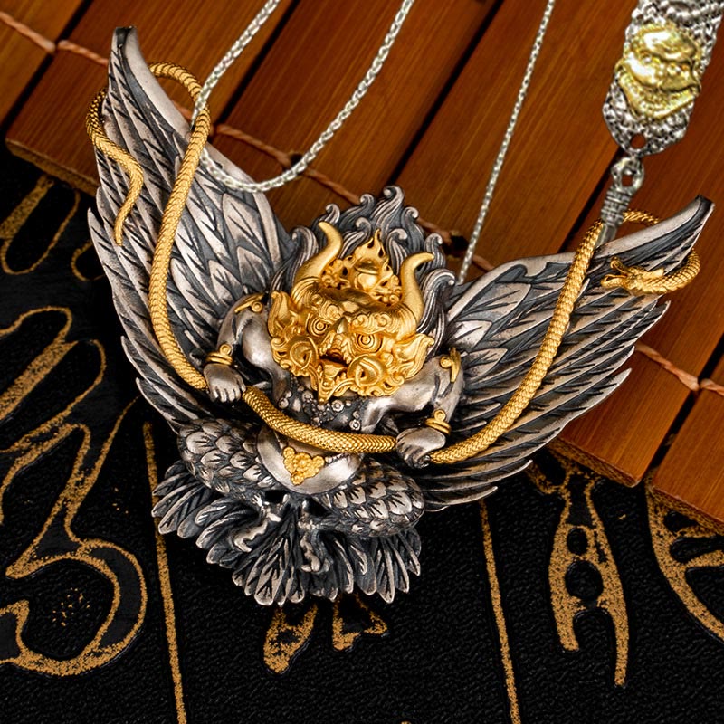 Buddha Stones 925 Sterling Silver Tibetan Garuda Bird Dragon Snake Wisdom Necklace Pendant - Garuda&52cm The Lord of the Corpse Forest Copper Chain - image 21