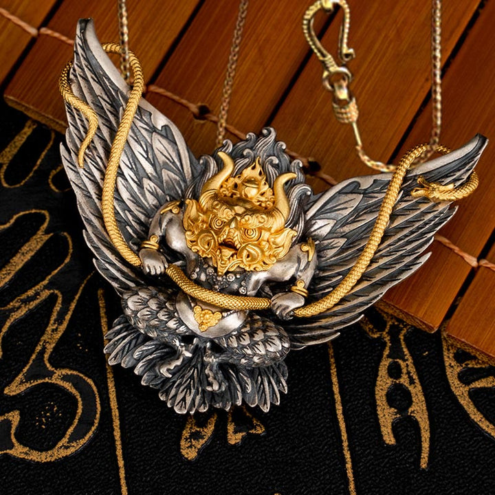 Buddha Stones 925 Sterling Silver Tibetan Garuda Bird Dragon Snake Wisdom Necklace Pendant - Garuda&58cm Golden Copper Chain - image 12
