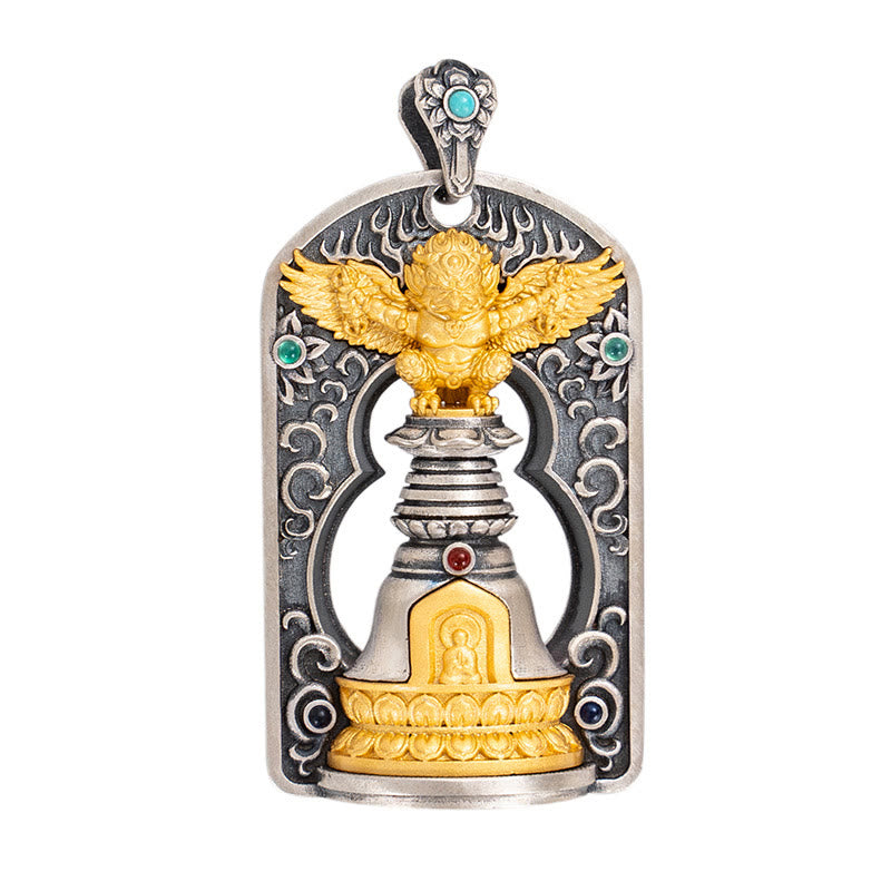 Buddha Stones 925 Sterling Silver Tibetan Garuda Bird Vajra Dorje Bell Protection Necklace Pendant