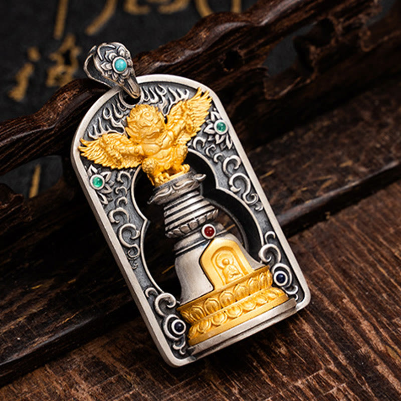 Buddha Stones 925 Sterling Silver Tibetan Garuda Bird Vajra Dorje Bell Protection Necklace Pendant - image 4