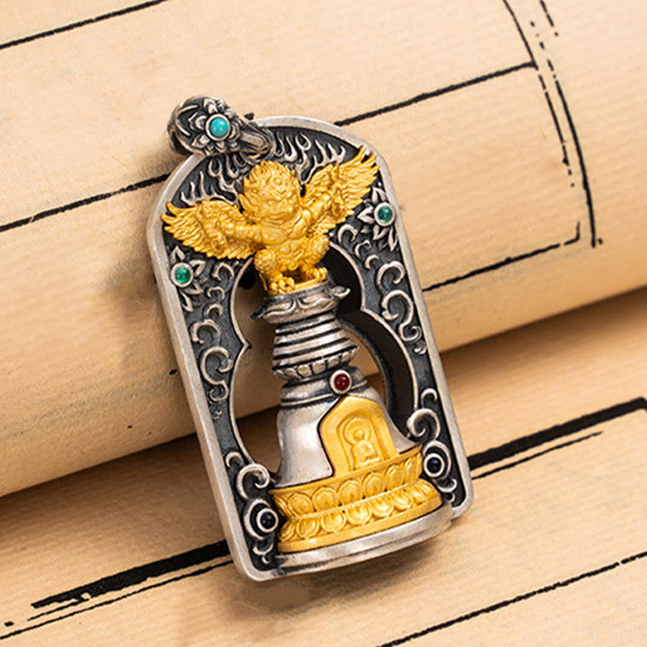 Buddha Stones 925 Sterling Silver Tibetan Garuda Bird Vajra Dorje Bell Protection Necklace Pendant - image 8
