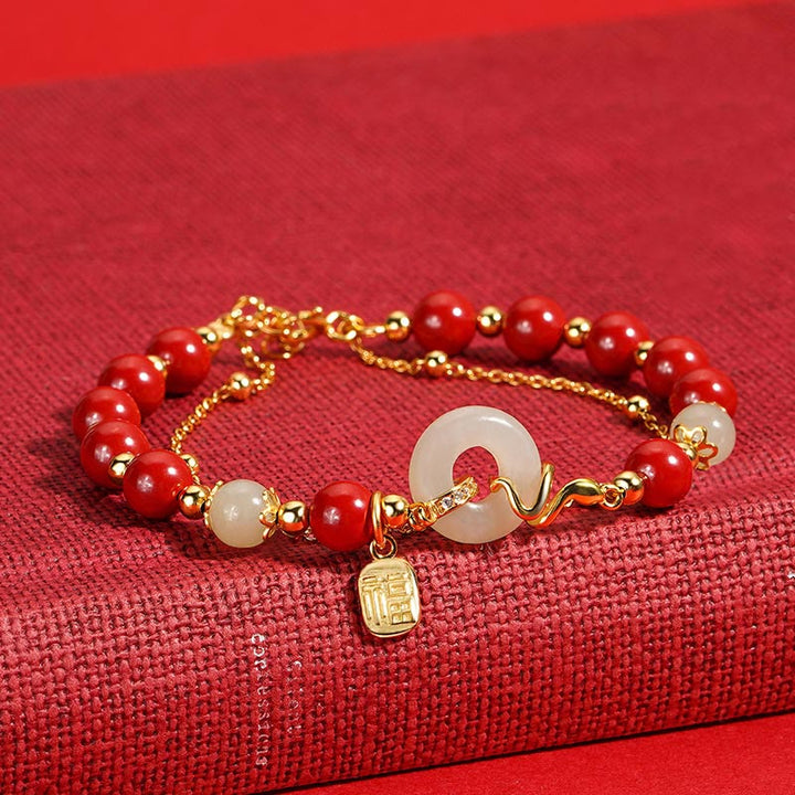 Buddha Stones Cinnabar Beads 925 Sterling Silver Hetian Jade Peace Buckle Fu Character Year Of Snake Calm Bracelet