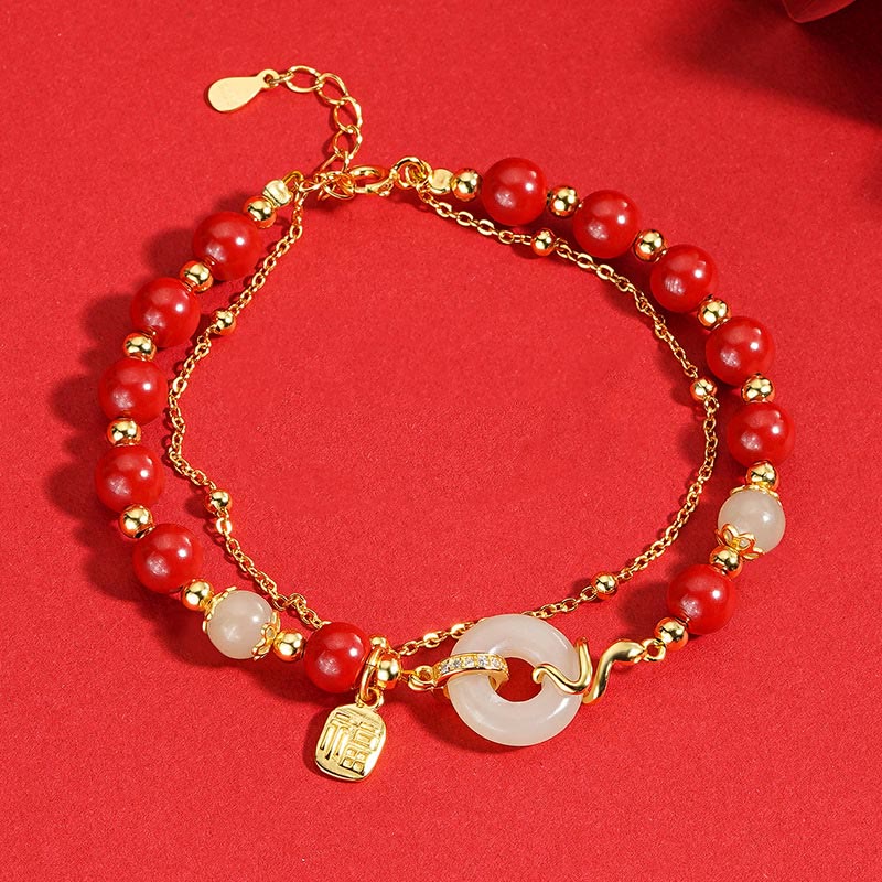 Buddha Stones Cinnabar Beads 925 Sterling Silver Hetian Jade Peace Buckle Fu Character Year Of Snake Calm Bracelet