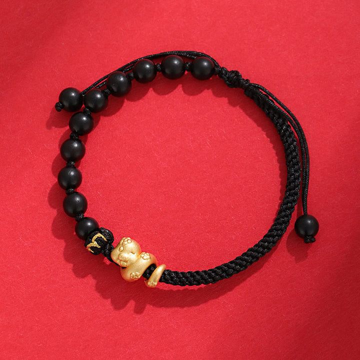 Buddha Stones Small Leaf Red Sandalwood Ebony Wood Beads 999 Year Of The Snake Cotton Rope Protection Braided Bracelet