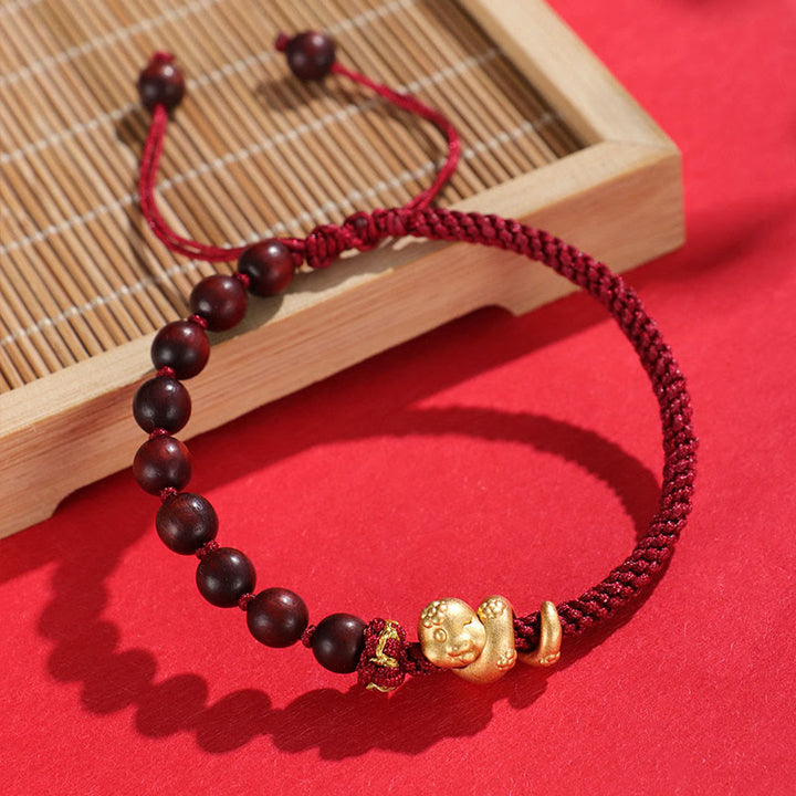 Buddha Stones Small Leaf Red Sandalwood Ebony Wood Beads 999 Year Of The Snake Cotton Rope Protection Braided Bracelet