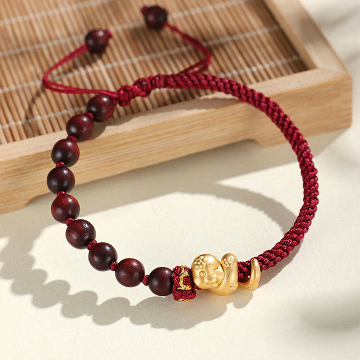 Buddha Stones Small Leaf Red Sandalwood Ebony Wood Beads 999 Year Of The Snake Cotton Rope Protection Braided Bracelet