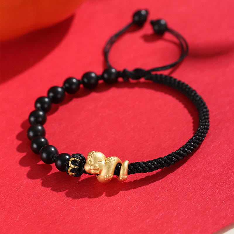 Buddha Stones Small Leaf Red Sandalwood Ebony Wood Beads 999 Year Of The Snake Cotton Rope Protection Braided Bracelet