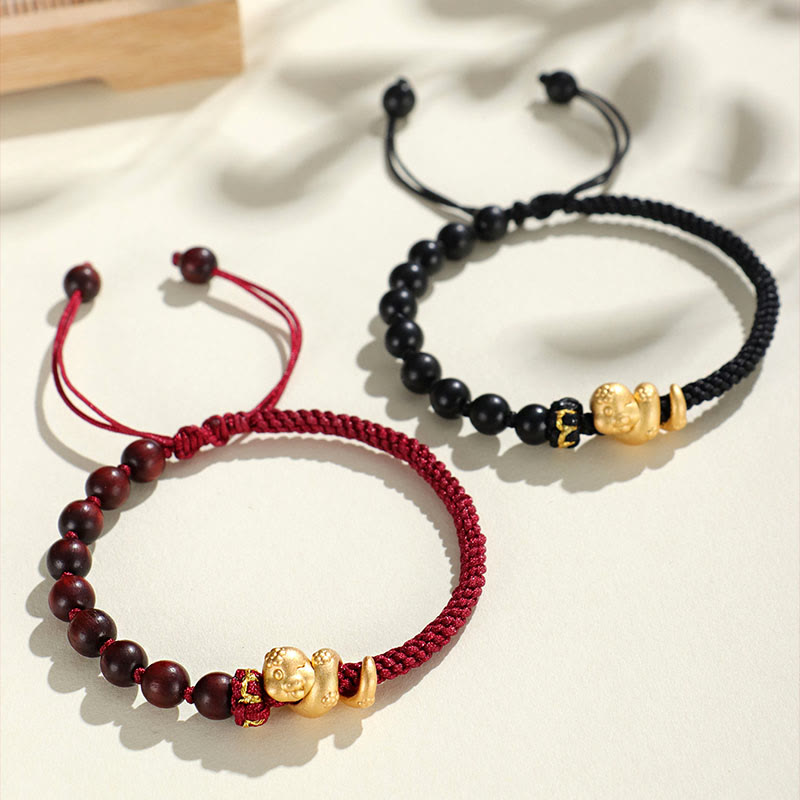 Buddha Stones Small Leaf Red Sandalwood Ebony Wood Beads 999 Year Of The Snake Cotton Rope Protection Braided Bracelet