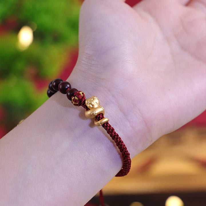 Buddha Stones Small Leaf Red Sandalwood Ebony Wood Beads 999 Year Of The Snake Cotton Rope Protection Braided Bracelet