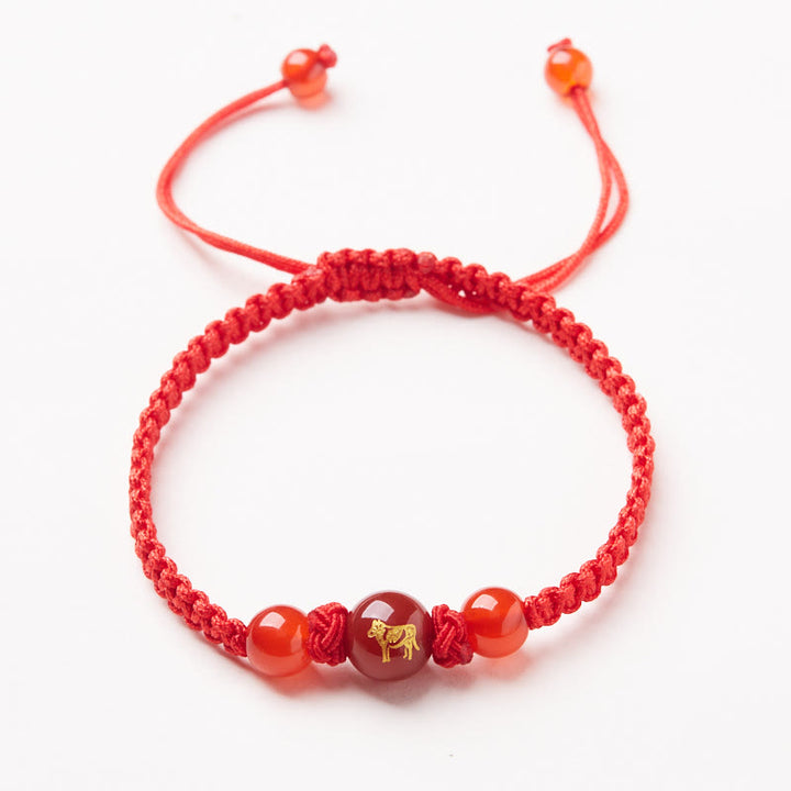 Buddha Stones Natural Red Agate Chinese Zodiac Red String Braided Protection Luck Bracelet