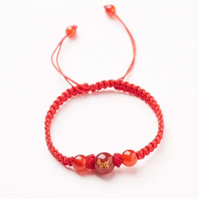 Buddha Stones Natural Red Agate Chinese Zodiac Red String Braided Protection Luck Bracelet