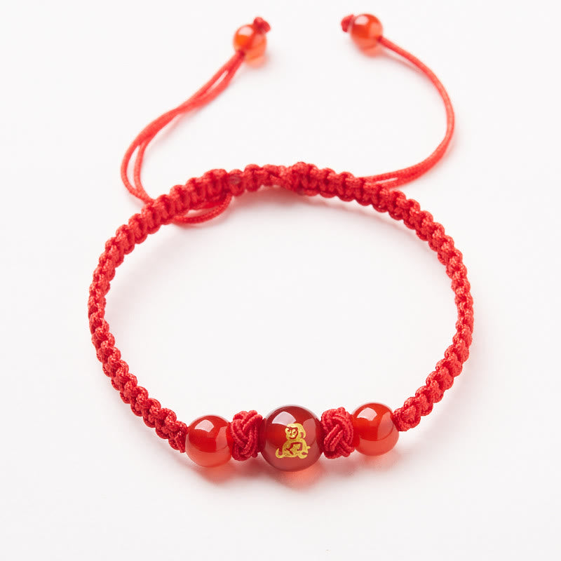 Buddha Stones Natural Red Agate Chinese Zodiac Red String Braided Protection Luck Bracelet