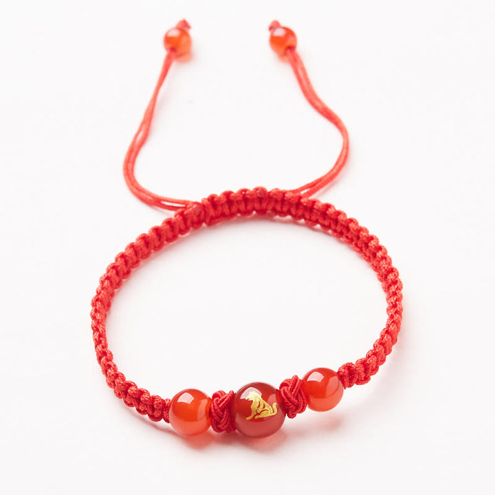 Buddha Stones Natural Red Agate Chinese Zodiac Red String Braided Protection Luck Bracelet