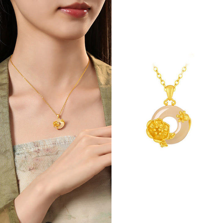 Buddha Stones Chalcedony 925 Sterling Silver Peace Buckle Flowers Necklace Pendant - Pomegranate Blossom - Golden 925 Sterling Silver Chalcedony - image 14