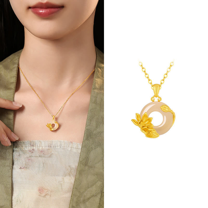 Buddha Stones Chalcedony 925 Sterling Silver Peace Buckle Flowers Necklace Pendant - Lotus - Golden 925 Sterling Silver Chalcedony - image 16