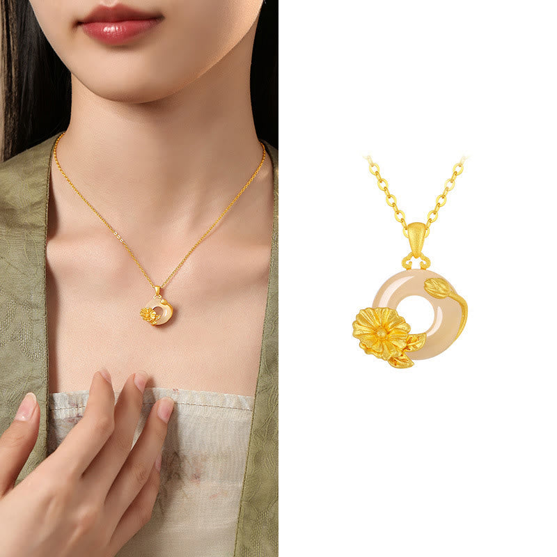 Buddha Stones Chalcedony 925 Sterling Silver Peace Buckle Flowers Necklace Pendant - Hollyhock - Golden 925 Sterling Silver Chalcedony - image 18