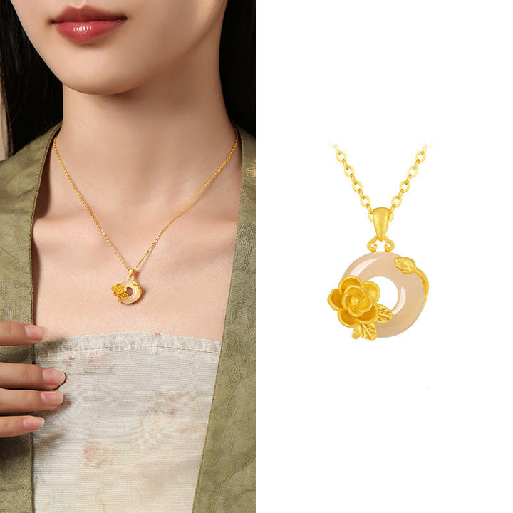 Buddha Stones Chalcedony 925 Sterling Silver Peace Buckle Flowers Necklace Pendant - Camellia - Golden 925 Sterling Silver Chalcedony - image 26