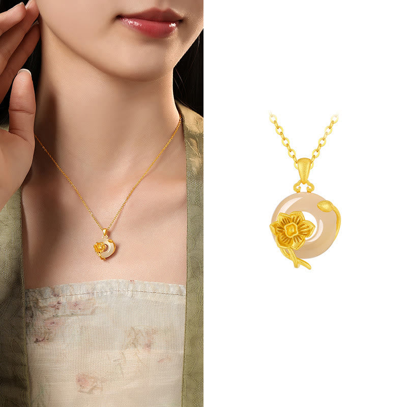 Buddha Stones Chalcedony 925 Sterling Silver Peace Buckle Flowers Necklace Pendant - Daffodil - Golden 925 Sterling Silver Chalcedony - image 28