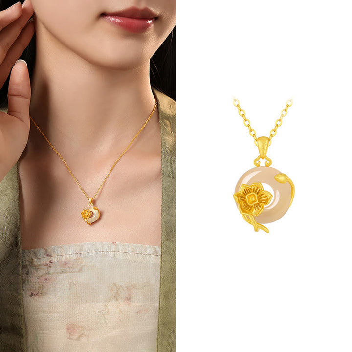 Buddha Stones Chalcedony 925 Sterling Silver Peace Buckle Flowers Necklace Pendant - Daffodil - Golden 925 Sterling Silver Chalcedony - image 28