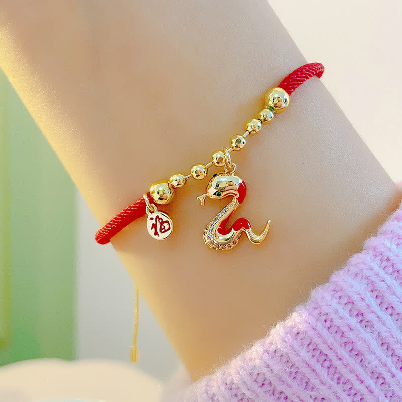 Buddha Stones Red String Fu Character Copper Snake Year Of The Snake Protection Braided Bracelet