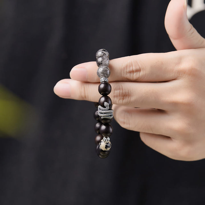 Buddha Stones Ebony Wood Black Rutilated Quartz 925 Sterling Silver Year Of The Snake Balance Bracelet