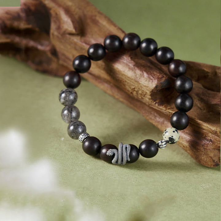 Buddha Stones Ebony Wood Black Rutilated Quartz 925 Sterling Silver Year Of The Snake Balance Bracelet