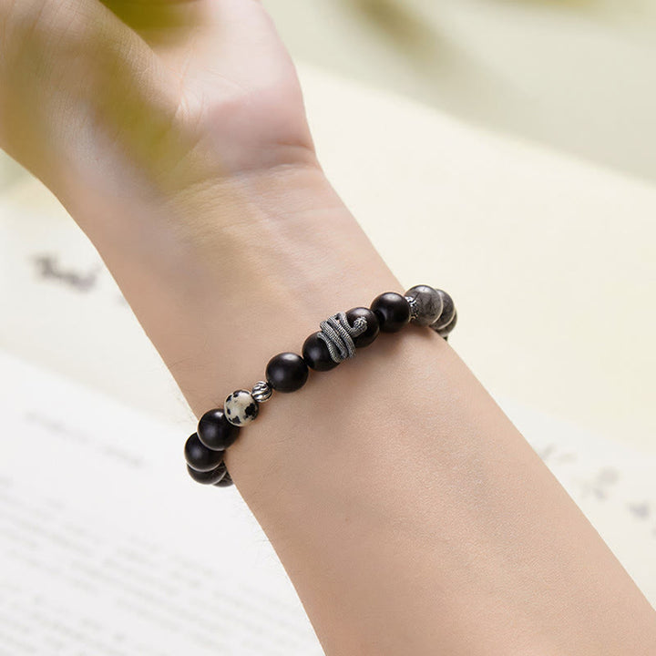 Buddha Stones Ebony Wood Black Rutilated Quartz 925 Sterling Silver Year Of The Snake Balance Bracelet